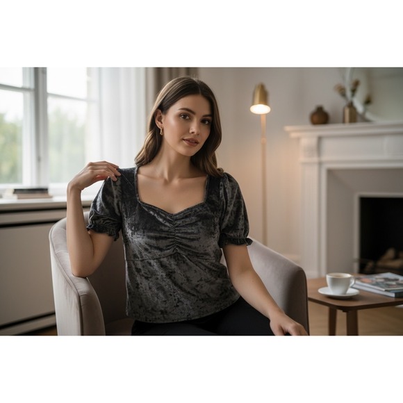 Hot Topic Crushed Velvet Puff Sleeve Top NWT Size 1 Ruched Bust - Picture 5 of 5